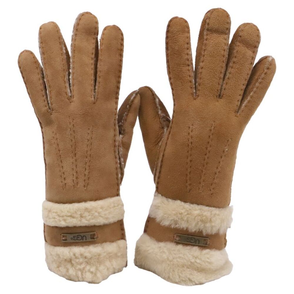 UGG Logo-Plaque Shearling Gloves in Brown Leather